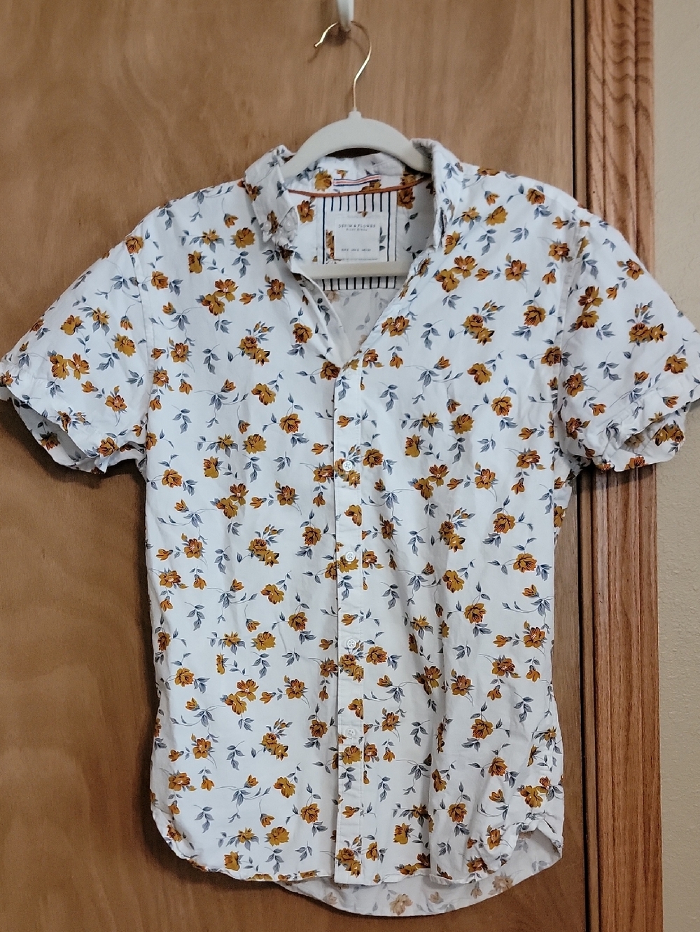 Denim & Flower White Short-Sleeve Button-Down with Mustard Floral Print